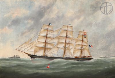 an oil painting of a tall ship in the ocean with other ships in the background