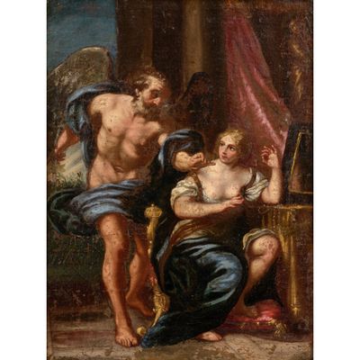 un tableau représentant deux hommes et une femme dans une pièce