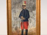 un vieux tableau représentant un homme en uniforme militaire tenant une batte de baseball