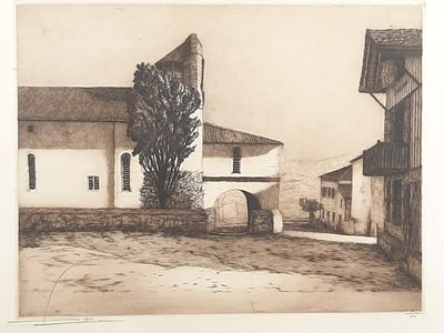 drawing of a street with a tree and a building in the background