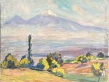 une peinture à l'huile représentant une montagne au loin, avec des arbres au premier plan