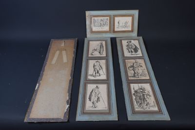 three framed drawings of people and animals on a black background