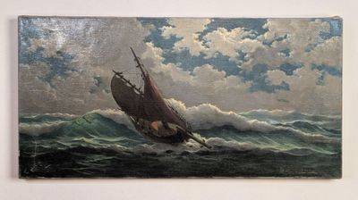 un tableau représentant un bateau au milieu de l'océan