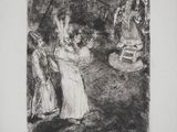 a black and white drawing of a woman standing in front of a man