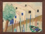 une peinture à l'huile représentant une rangée de bateaux devant une rangée de maisons