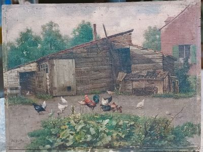 a picture of a painting of chickens in front of a barn