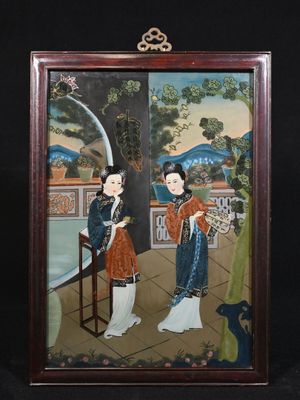 tableau représentant deux femmes en tenue orientale debout devant un arbre