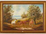 painting of horses grazing in a pasture with a river in the background