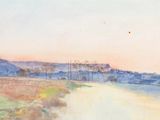 une aquarelle représentant une route avec un oiseau volant dans le ciel