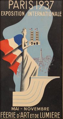 une vieille affiche représentant une femme tenant un drapeau devant un bâtiment
