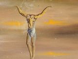 a painting of a man on a cross on the beach