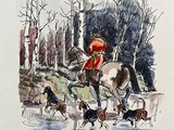 a drawing of a man riding a horse with a bunch of dogs
