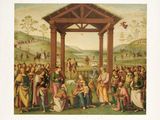 an image of a painting of a group of people gathered around a manger
