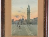 tableau représentant une tour horloge au milieu d'une place de ville