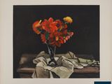 tableau représentant des fleurs rouges dans un vase posé sur une table recouverte d'une nappe