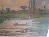 a painting of a man in a boat on the water