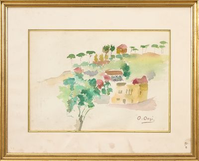une image représentant une aquarelle d'une maison et d'arbres