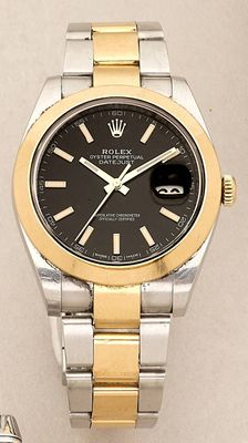 rolex watch with black dial and two tone steel bracelet