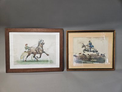 two framed pictures of a horse and rider on the wall