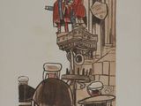 a picture of a drawing of a man and a woman on a balcony