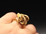 a person holding a gold ring with a dog on it