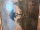 une peinture à l'huile d'un paysage avec un château au loin