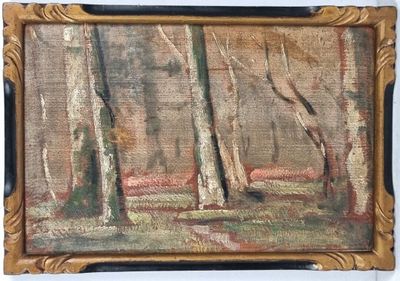 une peinture à l'huile représentant des arbres dans un bois, avec un banc