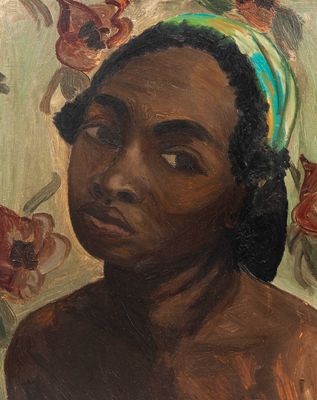 an oil painting of a woman with a turban on her head