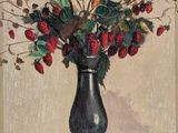a painting of a black vase with berries in it