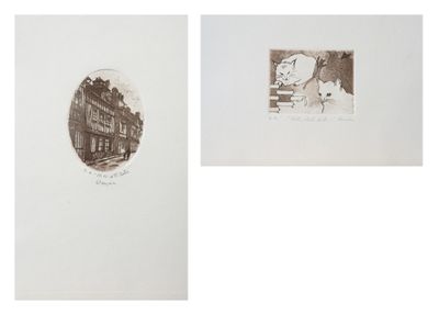 two black and white drawings of a dog and a cat