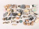 many different types of rocks and stones on a white surface