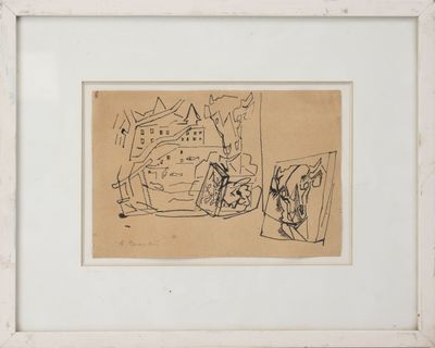 une image représentant le dessin d'un homme assis devant un tableau