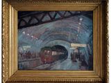 une image représentant une peinture d'une gare avec des personnes sur le quai