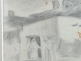 pencil drawing of a man standing outside of a building with a horse