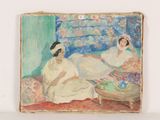 painting of two women sitting on a couch in front of a painting