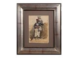 tableau représentant un soldat avec un chien en laisse, dans un cadre en bois