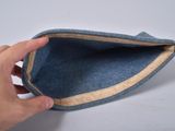 a hand that is holding an empty blue purse