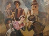 an old painting of a man and a woman holding a sword