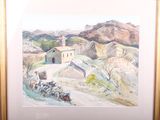 aquarelle encadrée représentant une petite église dans une région montagneuse