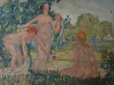 a painting of two nudes in a field with trees