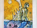 a painting of a woman sitting on top of a fish