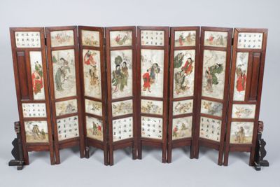 paravent à 8 feuilles en bois et plaques d'albâtre peintes, …