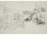 two chinese ink drawings of a man and a woman in a landscape