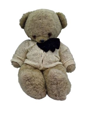 a teddy bear that is wearing a sweater and a bow tie