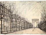 dessin représentant une rue avec des arbres et un portail
