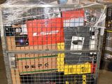 a cart with a bunch of boxes on it in a warehouse