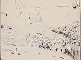 un dessin en noir et blanc représentant un paysage de montagne