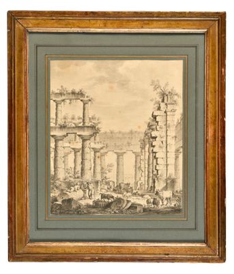 un dessin représentant un tableau de ruines avec des personnages au premier plan