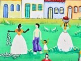 a painting of a group of people playing a game of frisbee