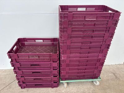 deux caisses en plastique violettes posées l'une à côté de l'autre sur un sol en béton